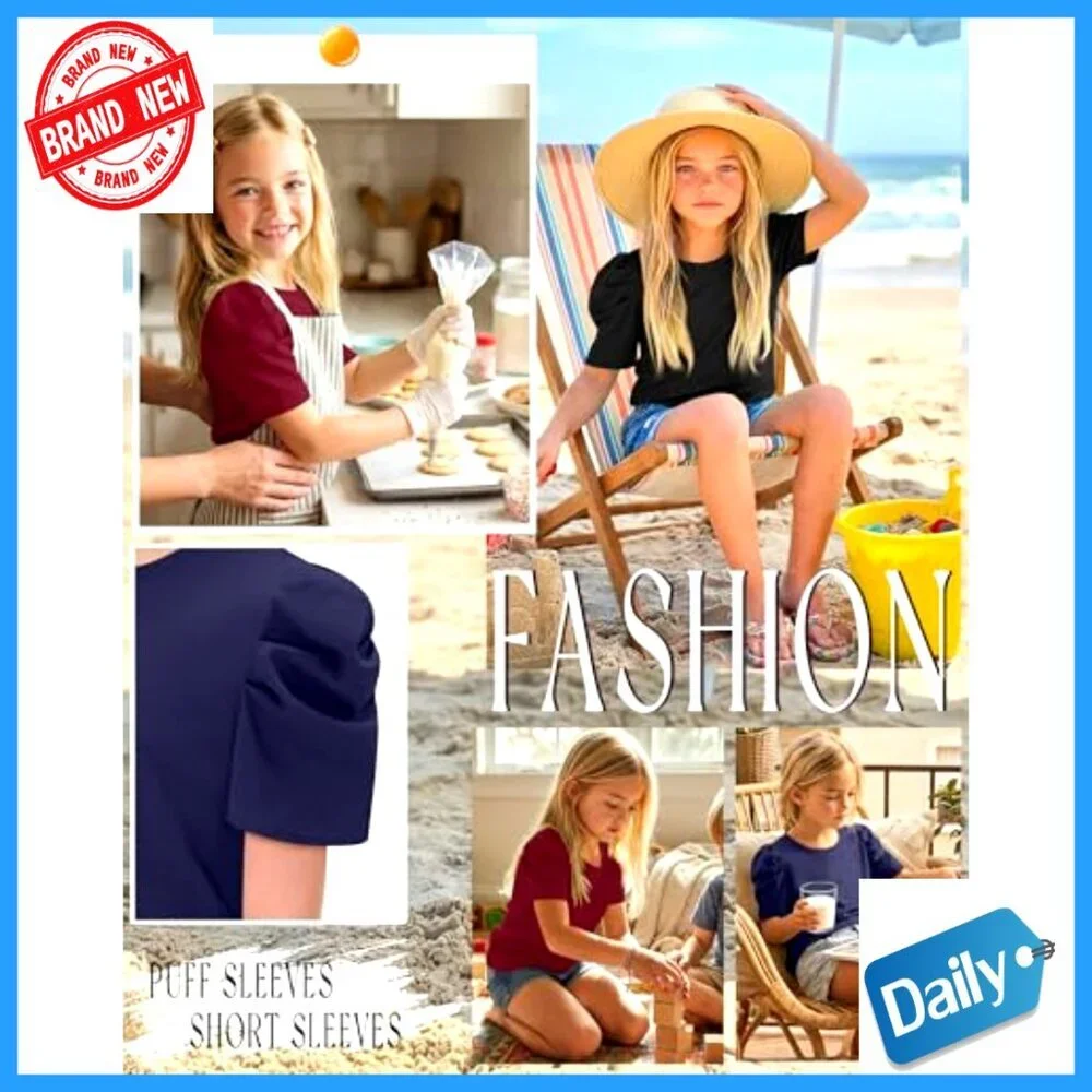 Girls Puff Sleeve Short Sleeve Tees 3 Pack Sizes 5-14 Years Summer Tops